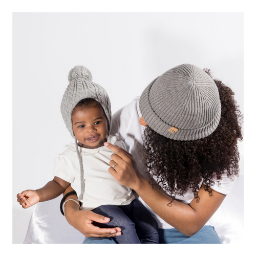 Mummy and Me Grey Bobble Hats - Black Sunrise UK Satin Lined Hats,. Satin lined Beanie, Hoodies. For children, adults, babies. For those with curly natural hair, sensitive scalps and fragile curls.