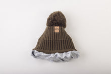 Load image into Gallery viewer, Olive Satin Lined Bobble Hat - Black Sunrise UK Satin Lined Hats,. Satin lined Beanie, Hoodies. For children, adults, babies. For those with curly natural hair, sensitive scalps and fragile curls.
