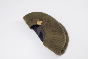 Khaki Beret Satin Lined - Black Sunrise UK Satin Lined Hats,. Satin lined Beanie, Hoodies. For children, adults, babies. For those with curly natural hair, sensitive scalps and fragile curls.