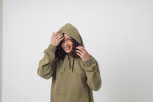 Satin Lined Hoodie in Olive Green - Black Sunrise UK Satin Lined Hats,. Satin lined Beanie, Hoodies. For children, adults, babies. For those with curly natural hair, sensitive scalps and fragile curls.