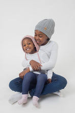 Load image into Gallery viewer, Ear Loving Beanie in Pink and Grey - Child 2-4 Years - Black Sunrise UK Satin Lined Hats,. Satin lined Beanie, Hoodies. For children, adults, babies. For those with curly natural hair, sensitive scalps and fragile curls.
