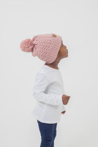 Dusted Rose Satin Lined Bobble Hat - Black Sunrise UK Satin Lined Hats,. Satin lined Beanie, Hoodies. For children, adults, babies. For those with curly natural hair, sensitive scalps and fragile curls.