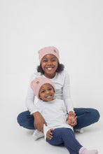 Load image into Gallery viewer, Child&#39;s Dusted Rose Bobble - Child 1-3 Years Satin Lined Beanie - Black Sunrise UK Satin Lined Hats,. Satin lined Beanie, Hoodies. For children, adults, babies. For those with curly natural hair, sensitive scalps and fragile curls.
