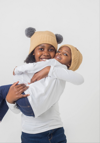 Mummy and Me Tan and Grey Pom Pom Beanies - Black Sunrise UK Satin Lined Hats,. Satin lined Beanie, Hoodies. For children, adults, babies. For those with curly natural hair, sensitive scalps and fragile curls.