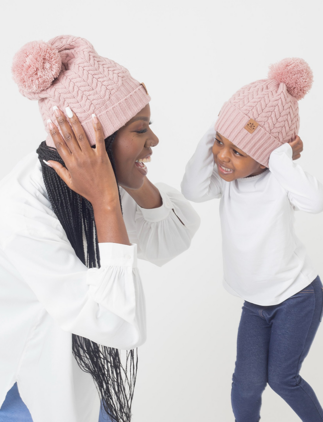 Mummy and Me Dusted Rose Bobble Hats - Black Sunrise UK Satin Lined Hats,. Satin lined Beanie, Hoodies. For children, adults, babies. For those with curly natural hair, sensitive scalps and fragile curls.