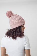 Load image into Gallery viewer, Dusted Rose Satin Lined Bobble Hat - Black Sunrise UK Satin Lined Hats,. Satin lined Beanie, Hoodies. For children, adults, babies. For those with curly natural hair, sensitive scalps and fragile curls.
