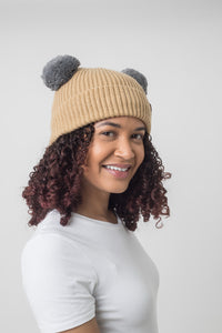 Mummy and Me Tan and Grey Pom Pom Beanies - Black Sunrise UK Satin Lined Hats,. Satin lined Beanie, Hoodies. For children, adults, babies. For those with curly natural hair, sensitive scalps and fragile curls.