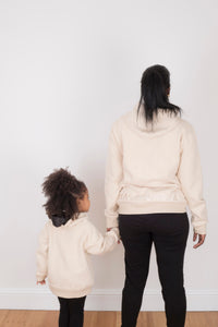Satin Lined Hoodie in Cream - Black Sunrise UK Satin Lined Hats,. Satin lined Beanie, Hoodies. For children, adults, babies. For those with curly natural hair, sensitive scalps and fragile curls.
