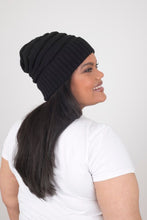 Load image into Gallery viewer, Black Satin Lined Slouch Beanie - Black Sunrise UK Satin Lined Hats,. Satin lined Beanie, Hoodies. For children, adults, babies. For those with curly natural hair, sensitive scalps and fragile curls.

