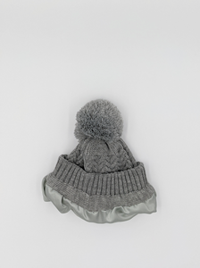 Grey Satin Lined Bobble Hat - Black Sunrise UK Satin Lined Hats,. Satin lined Beanie, Hoodies. For children, adults, babies. For those with curly natural hair, sensitive scalps and fragile curls.