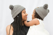 Load image into Gallery viewer, Mummy and Me Soft Grey Pom Pom Beanies - Black Sunrise UK Satin Lined Hats,. Satin lined Beanie, Hoodies. For children, adults, babies. For those with curly natural hair, sensitive scalps and fragile curls.
