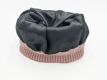 Load image into Gallery viewer, Absolute Dusted Rose Satin Lined Beanie - Black Sunrise UK Satin Lined Hats,. Satin lined Beanie, Hoodies. For children, adults, babies. For those with curly natural hair, sensitive scalps and fragile curls.

