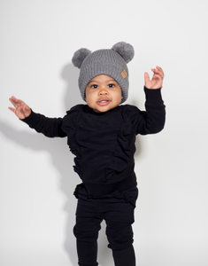 Soft Grey Pom Pom - Child 1-3 Years Satin Lined Beanie - Black Sunrise UK Satin Lined Hats,. Satin lined Beanie, Hoodies. For children, adults, babies. For those with curly natural hair, sensitive scalps and fragile curls.